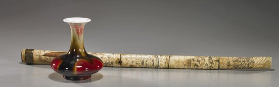 Two Various Asian Pieces: Scabbard & Vase: Two Various Asian Pieces: Scabbard & Vase Two various Asian Items: old Japanese carved bone short sword scabbard with various figures in low relief and with some polychrome scrimmed details (as-is); t