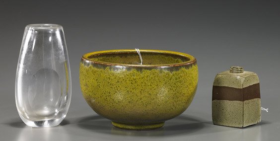 Six Various Scandinavian Vessels: Six Various Scandinavian Vessels Six various Scandinavian vessels, including: Royal Copenhagen green glazed pottery bowl, 3 waves mark; small square glazed pottery vase, Circa 1970, incised mark; Orre
