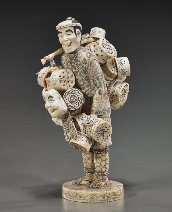 Chinese Carved Bone Basket Seller: Chinese Carved Bone Basket SellerChinese carved and scrimmed bone appliqué figure of a basket and mask seller; standing and carrying his wares on a pole resting over one shoulder, signed; H: 10 1/2"