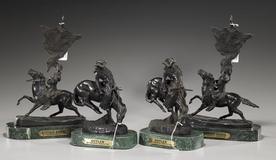 Group of 4 Bronzes After Remington: Group of 4 Bronzes After Remington Group of 4 bronzes after Frederic Remington (American, 1861 - 1909), including: 2 "Outlaw" depicting a cowboy riding a bucking horse and carrying a rifle; and 2 "Buf
