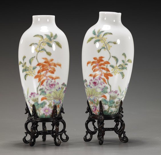 Pair Famille Rose Eggshell Porcelain Vases: Pair Famille Rose Eggshell Porcelain Vases Pair of very finely Famille Rose enameled, Chinese eggshell porcelain cabinet vases; each ovoid form with flowering plant motif, seal marks, Republic Period;