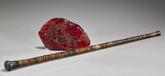 Chinese Horn Cane & Amber-Like Mountain: Chinese Horn Cane & Amber-Like MountainHighly unusual Chinese sectional carved horn cane of tapered form; together with an amber-like mountain depicting sages in a landscape with blossoming tree, gath