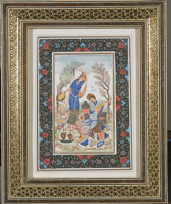 3 Framed Indian Paintings & Kalaga Panel: 3 Framed Indian Paintings & Kalaga Panel Three framed Indian paintings: one possibly on ivory of figures in a landscape surrounded by various vessels; figures in a garden with birds on silk; and a cel