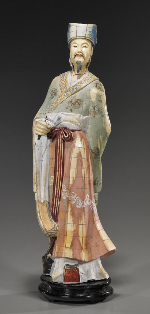Chinese Carved Bone and Ivory Sage: Chinese Carved Bone and Ivory SageTall Chinese, sectional carved and polychromed appliqué bone figure of a bearded sage: standing in long robes with floral and bamboo motifs; ivory head and hands (re