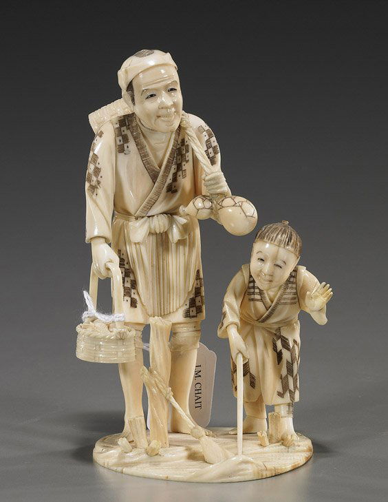 Antique Ivory Okimono: Man with Baskets: Antique Ivory Okimono: Man with BasketsVery elaborately carved and antique, Japanese sectional ivory okimono; of a man standing and carrying baskets and gourd over his shoulder: a basket with fish in