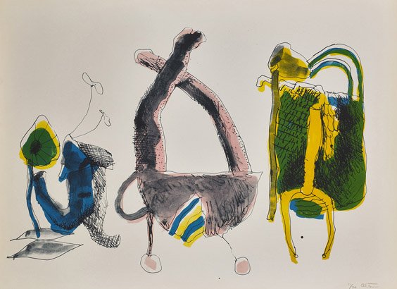 Signed Color Lithograph by John Altoon: Signed Color Lithograph by John Altoon Color lithograph by John Altoon (American, 1925 - 1969); depicting three abstracts, pencil signed and numbered 11/20, unframed (lightly toned); 22" x 30"