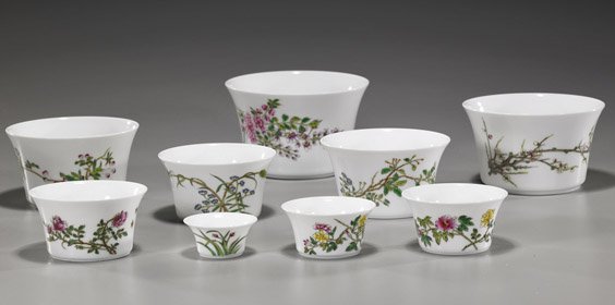 Group of 10 Porcelains: Vase & Nesting Cups: Group of 10 Porcelains: Vase & Nesting Cups Tall porcelain vase of elongated, high shouldered form with panels front and back depicting Japanese women in enamels, gilt handles with loose rings (one ri