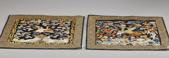 Two Chinese Embroidered Silk Rank Badges: Two Chinese Embroidered Silk Rank Badges Two Chinese embroidered silk rank badges ("mandarin squares"); each with central phoenix standing on one foot on rockery above waves with bats and florals, one