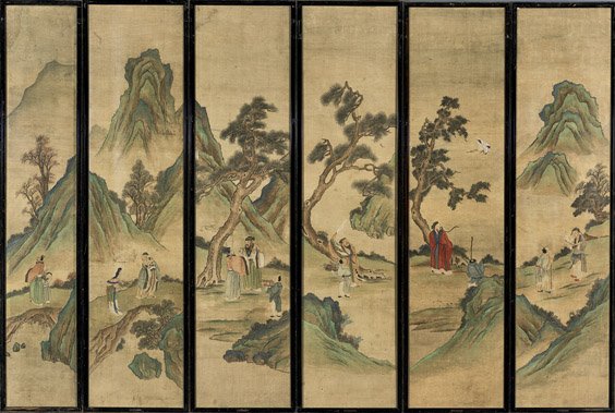 IMPORTANT CHINESE TWELVE PANEL SILK SCREEN: 山石風景仙人掛屏 十二扇 IMPORTANT CHINESE TWELVE PANEL SILK SCREEN Important Chinese twelve panel silk screen; depicting Immortals, di