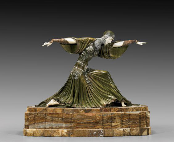 ART DECO-STYLE BRONZE & IVORY DANCER: 裝飾藝術銅雕舞者 ART DECO-STYLE BRONZE & IVORY DANCERLarge, Art Deco-style chryselephantine figure after Demetre Chiparus (Romanian, 1886-1947), Thais: