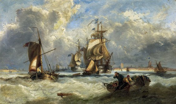 ANTIQUE OIL PAINTING BY JOHN CALLOW: 油彩畫布 海上帆船 ANTIQUE OIL PAINTING BY JOHN CALLOW Antique British oil on lined canvas painting by John Callow (1822-1878), titled 'Sailing Vessels o
