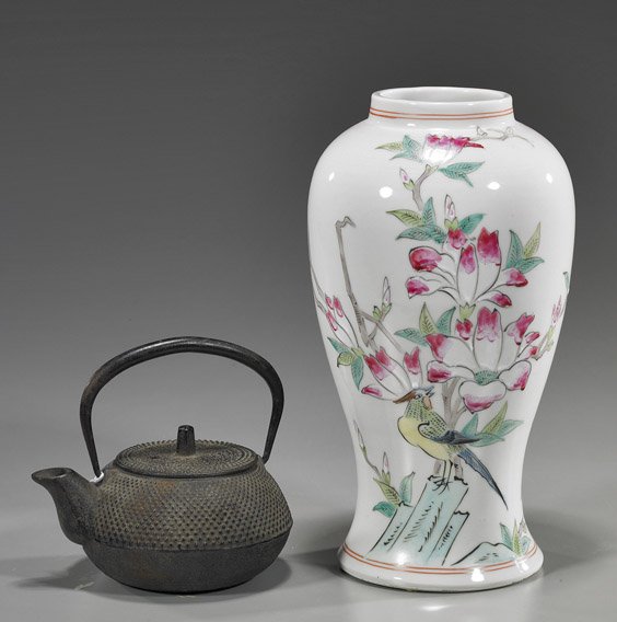 Japanese Famille Rose Vase & Iron Teapot: Japanese Famille Rose Vase & Iron Teapot Japanese Famille Rose porcelain vase, in Chinese style and of somewhat baluster form with bird and flowering plant design, 6-character mark; together with old 