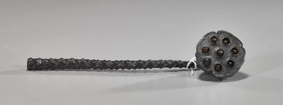 Chinese Carved Hardwood Ruyi Scepter: Chinese Carved Hardwood Ruyi Scepter Unusual Chinese carved hardwood ruyi scepter, possibly zitan; lotus pod form with loose seeds; L: 9 1/2"