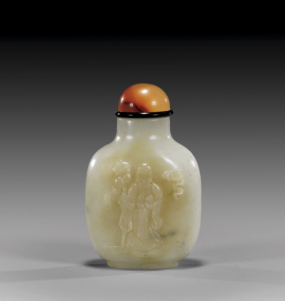 Celadon Jade Snuff Bottle: Shoulao: Celadon Jade Snuff Bottle: Shoulao Finely hollowed, Chinese whitish-celadon jade snuff bottle; carved with Shoulao and bat in relief to the front; carnelian agate stopper (usual minor wear); H: 2 3/4"