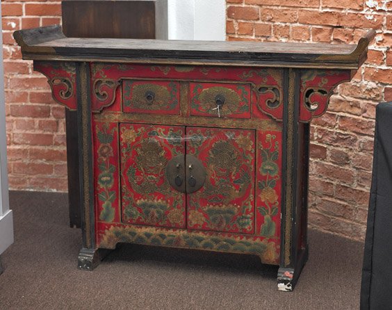 Sino-Tibetan/Mongolian Altar Cabinet: Sino-Tibetan/Mongolian Altar Cabinet Sino-Tibetan or Mongolian altar cabinet; with double drawers above double doors: door fronts with various dragon and floral motifs, the top with contesting dragons