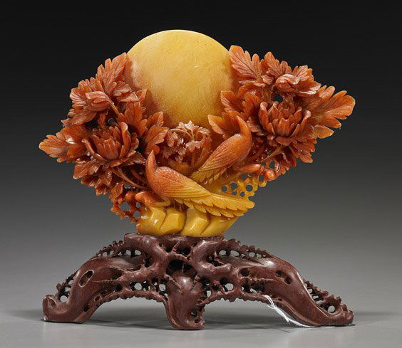 Chinese Carved Soapstone Tablescreen: Chinese Carved Soapstone TablescreenChinese carved soapstone tablescreen; in the form of two long-tailed birds perched among openwork flowering branches before a full moon, soapstone stand; L: 11 1/2"