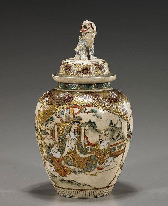 Antique Japanese Satsuma Jar & Cover: Antique Japanese Satsuma Jar & CoverAntique Japanese Satsuma glazed earthenware jar and cover; of ovoid form with Kannon and other figural and landscape panels, Shi-shi to cover (losses to Shi-shi), C