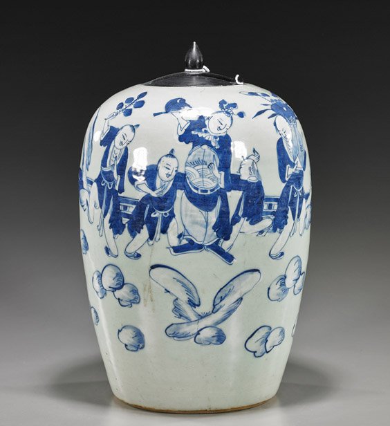 Antique Chinese Blue & White Porcelain Jar: Antique Chinese Blue & White Porcelain Jar Antique Chinese, celadon ground blue and white porcelain jar: ovoid form with wood cover, figural designs (minor flaws), 19th Century; H: 13"