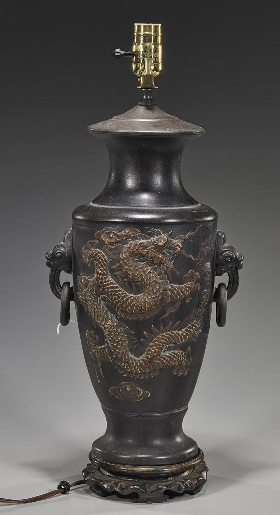 Antique Japanese Bronze Dragon Vase: Antique Japanese Bronze Dragon Vase Antique bronze dragon vase: baluster form with 2 loose ring handles, writhing dragon and flaming pearl to one side, phoenix and flowers to the verso; probably Japan