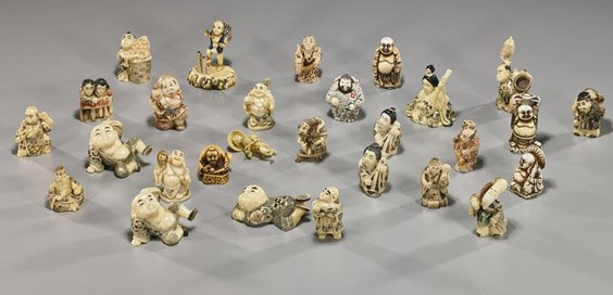 28 Ivory-Like Netsuke & Okimono: 28 Ivory-Like Netsuke & Okimono Group of 28 various ivory-like composition netsuke and okimono: all figural, most with polychrome scrimmed details; some deities, some signed; L: 3" (longest)