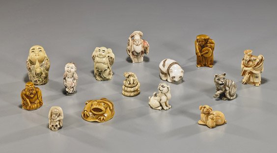 Collection of 14 Various Carved Netsuke: Collection of 14 Various Carved Netsuke Collection of 14 various figural and animal netsuke, most in carved ivory, including: 2 puppies; frog; monkey; snake; panda; and various figures; together with 