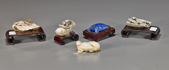 Four Carved Ivory Netsuke & Lapis Turtle: Four Carved Ivory Netsuke & Lapis Turtle Group of 4 carved ivory netsuke, including: turtles on a basket; Immortal riding a fish; turtle and young; snail on a leaf, all signed; together with a small c