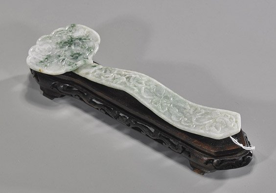 Chinese Carved Jadeite Small Scepter: Chinese Carved Jadeite Small Scepter Chinese carved jadeite small scepter; ruyi form with allover relief carved motifs, the body withdouble gourds and foliage, the head with pomegranates and bat; mott