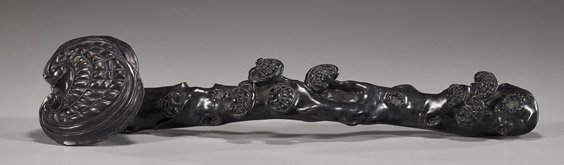 Chinese Carved Hardwood Ruyi Scepter: Chinese Carved Hardwood Ruyi Scepter Chinese carved hardwood, probably zitan, scepter; of ruyi fungus form with smaller fungus around the branch-like shaft; L: 15"