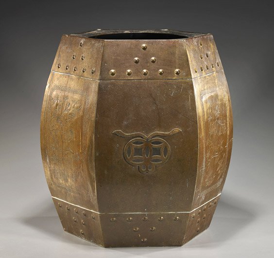 Chinese Incised Copper Garden Seat: Chinese Incised Copper Garden Seat Chinese copper garden seat; hexagonal with various incised bird and plant designs and with openwork cash motifs (some wear and minor flaws); H: 17 1/2"