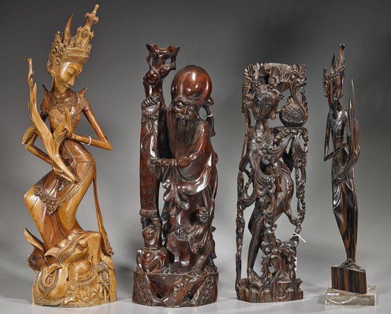 8 Chinese & Balinese Carved Wood Figures: 8 Chinese & Balinese Carved Wood Figures Group of 8 Chinese and Balinese carved wood figures, including: Shoulao with attendant and long scroll; 2 Guanyin, each holding a scepter and pearl, gilt detai