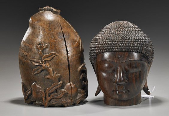 Two Wood Carvings: Peach & Head of Buddha: Two Wood Carvings: Peach & Head of Buddha Chinese or Indonesian carved hardwood head of Buddha, well detailed and with fine grain to wood; together with an unusual antique bamboo peach form with peach