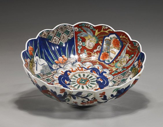 Antique Japanese Imari Porcelain Bowl: Antique Japanese Imari Porcelain Bowl Antique Japanese Imari porcelain bowl; foliate form with various bird and floral motifs to the interior, the exterior with flowering vines (wear), late 19th Centu