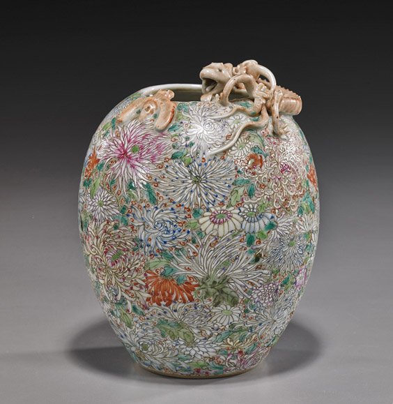 Chinese Famille Rose Porcelain Millefleur Vase: Chinese Famille Rose Porcelain Millefleur Vase Chinese Republic period, Famille Rose porcelain vase; ovoid form with allover millefleur design and with a moulded hydra and bat at the rim, seal mark (w