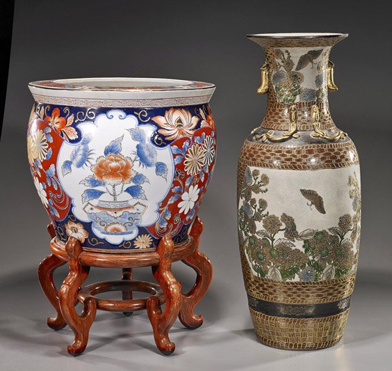 Chinese Porcelain Vase & Imari-Type Fish Bowl: Chinese Porcelain Vase & Imari-Type Fish BowlChinese crackle soft-paste porcelain vase, of ovoid form with flared rim and with heavily gilt, bird and floral designs, seal mark; together with a circula