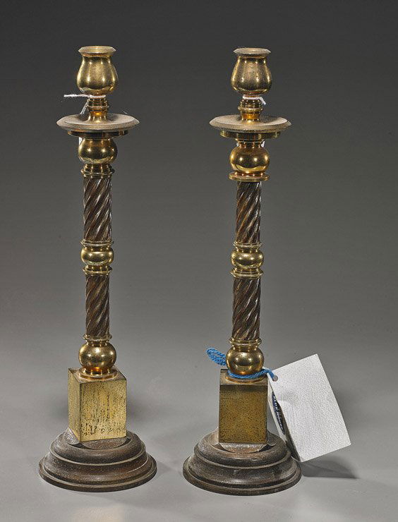 Pair Antique English Brass & Marble Candle Holders: Pair Antique English Brass & Marble Candle HoldersPair Antique English brass and marble candle stick holders; each sectional with twisted design carved into the marble sections, Circa 1900; H: 16" (ea