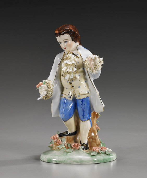 Group of Three Various Porcelains: Group of Three Various Porcelains Group of three various porcelains: model of a boy by Heirlooms of Tomorrow, standing in a dress coat and holding flowers in one hand, a handkerchief in the other; tog
