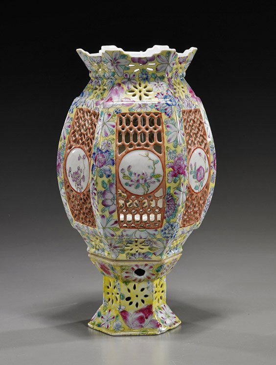 Antique Chinese Porcelain Wedding Lamp: Antique Chinese Porcelain Wedding LampAntique Chinese porcelain sectional wedding lamp; the body of hexagonal faceted ovoid form, openwork with circular floral reserves and floral enameled borders, th