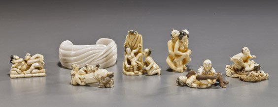 5 Erotic Ivory Netsuke & Ivory Bracelet: 5 Erotic Ivory Netsuke & Ivory Bracelet Group of 5 carved ivory shunga/erotic netsuke; each depicting various actively amorous couples, some unusual motifs; one composition erotic netsuke of a nude wo