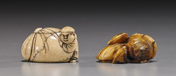 Two Various Antique Carved Netsuke: Two Various Antique Carved Netsuke Two antique carved netsuke: stag antler or bone figure with large sack (some wear); together with an ivory group of clam shells; both 19th Century