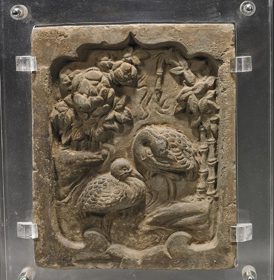 Antique Chinese Pottery Tile: Ducks: Antique Chinese Pottery Tile: Ducks Antique Chinese, probably Song or Ming Dynasty pottery tile; depicting two ducks swimming among flowering plants and bamboo (heavily worn); 13" x 11" lucited mounte