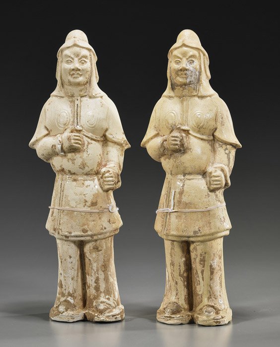 Pair Sui Dynasty Glazed Pottery Warriors: Pair Sui Dynasty Glazed Pottery WarriorsPair tall Chinese pre-Tang, Sui Dynasty straw glazed pottery warriors: each standing and wearing typical cloaks and hoods, hands as if holding a spear (no spear