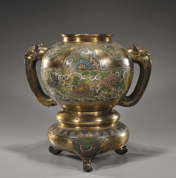 Antique Japanese Champlevé Enamel Censer: Antique Japanese Champlevé Enamel CenserAntique Japanese bronze and champlevé enamel 2-section censer on tripod stand; the censer globular with 2 animal mask handles and with somewhat archaistic flo