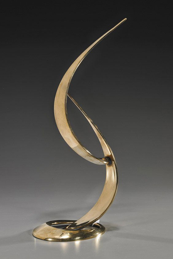 Polished Bronze Award by Bennett: Polished Bronze Award by BennettPolished bronze sculptural award by Bob Bennett; stylized somewhat flame form, signed, dated 89, numbered 43/50; H: 18"