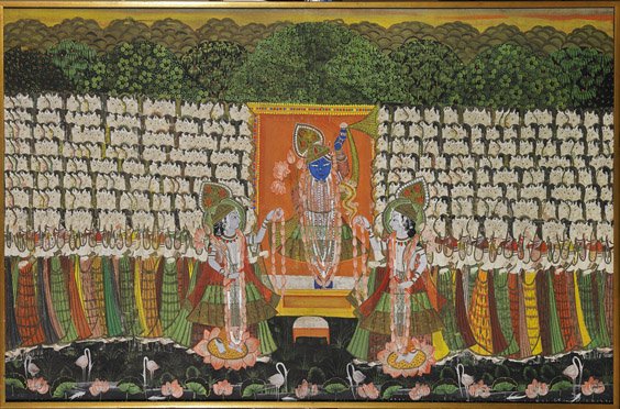 Large Indian Framed Painting: Many Deities: Large Indian Framed Painting: Many Deities Large Indian painting on fabric; depicting numerous figures flanking a central deity and attendants (minor wear); 38" x 60", framed