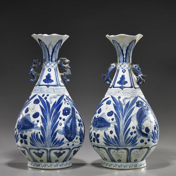 Pair Tall Chinese Blue & White Porcelain Vases: Pair Tall Chinese Blue & White Porcelain VasesPair tall and well painted, Chinese Yuan-style blue and white porcelain vases; each Yuhu-type with foliate mouths and each body with design of fish and wa