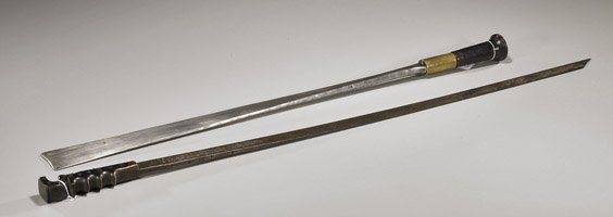 Two Southeast Asian Antique Swords: Two Southeast Asian Antique Swords 2 antique swords including: Siamese, 17th/18th Century with carved horn handle, cast designs to the blade near the hilt; Provenance: Glenbo Museum, Calgary, purchase
