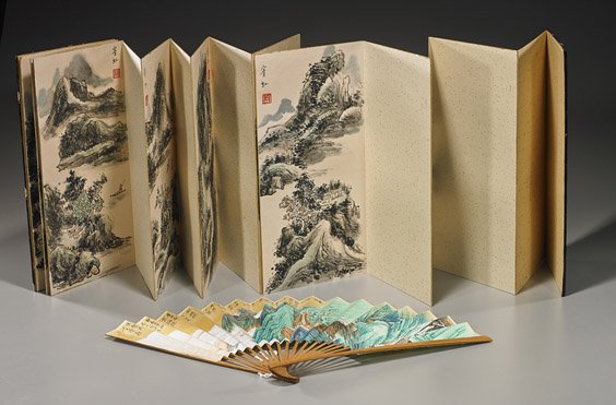 Chinese Landscape Album and Fan: Chinese Landscape Album and Fan Chinese album of 8 ink and colors on paper landscape scenes, each with inscription and seal mark; together with a ink and colors on paper fan, depicting a colorful land