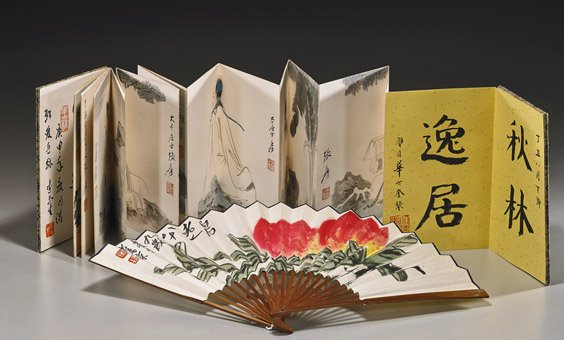 Chinese Paper Album & Fan: Chinese Paper Album & Fan Chinese album of 8 ink and colors on paper scenes: each depicting a sage in contemplation or reading in a landscape, inscriptions and seal marks; together with a bamboo mount
