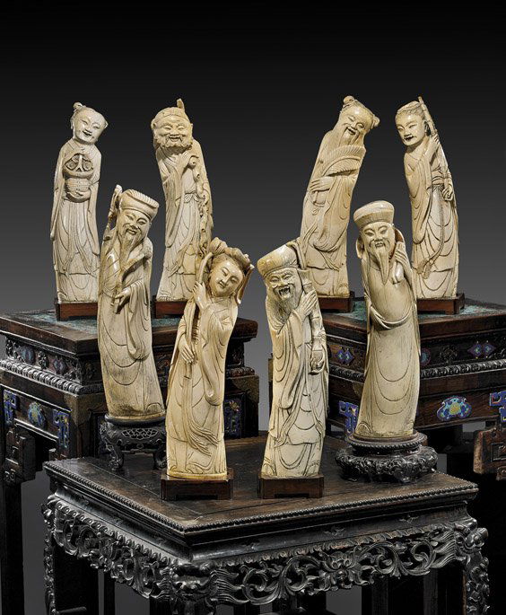 227 ANTIQUE CARVED IVORY SET OF THE EIGHT IMMORTALS