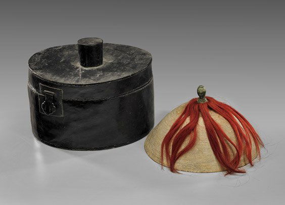 THREE ANTIQUE MANDARIN HATS & BOXES: 中式古董帽 三頂 THREE ANTIQUE MANDARIN HATS & BOXESGroup of three, antique Chinese Mandarin court hats: two woven summer hats; and one black winter hat with u